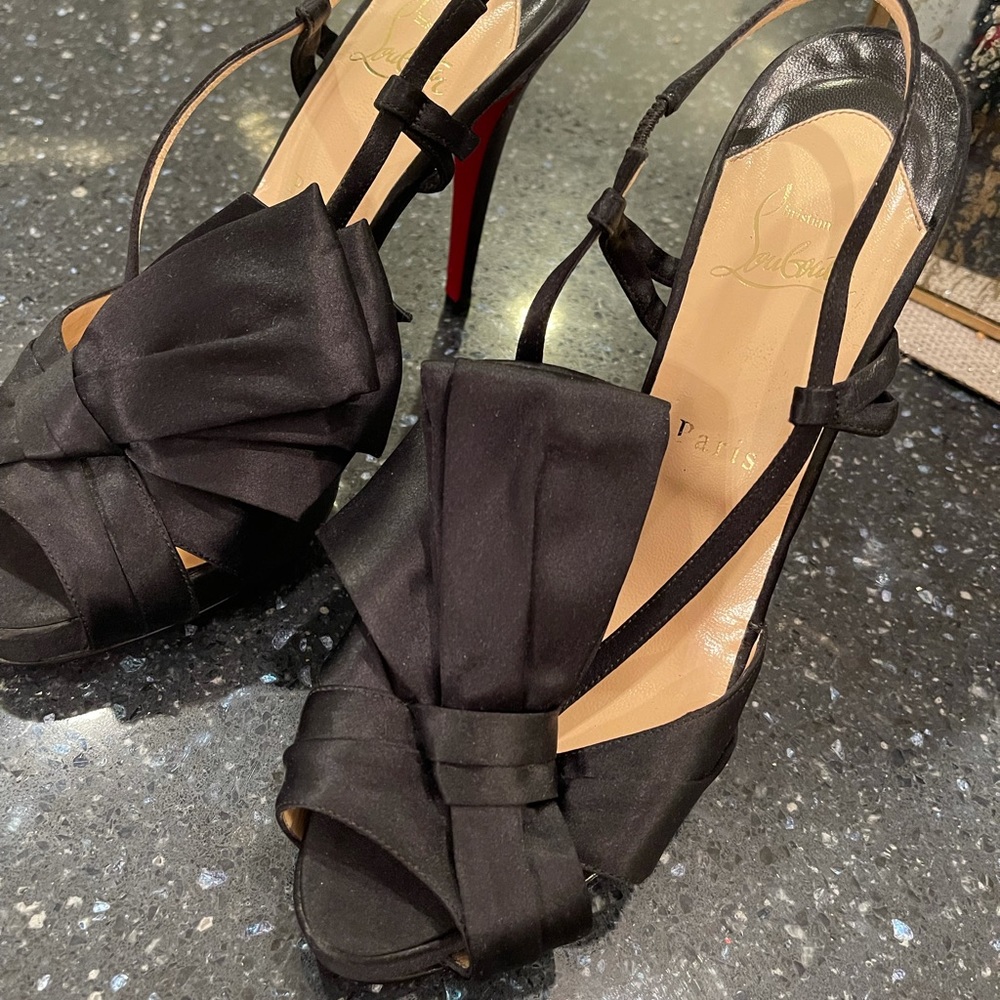 Christian Louboutin black satin bow heels